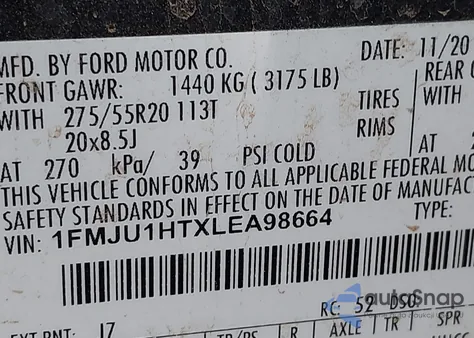 2020 Ford Expedition Xlt из США, поврежденный, VIN 1FMJU1HTXLEA98664